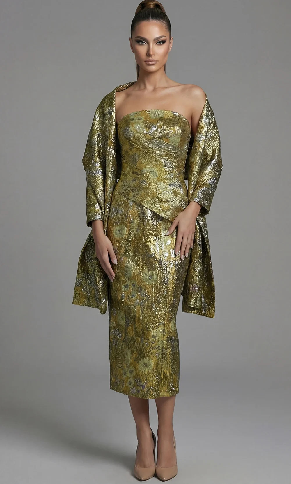 Jovani 51636 - Strapless Metallic Midi Dress with Shawl Special Occasion Dress In Yellow Multi