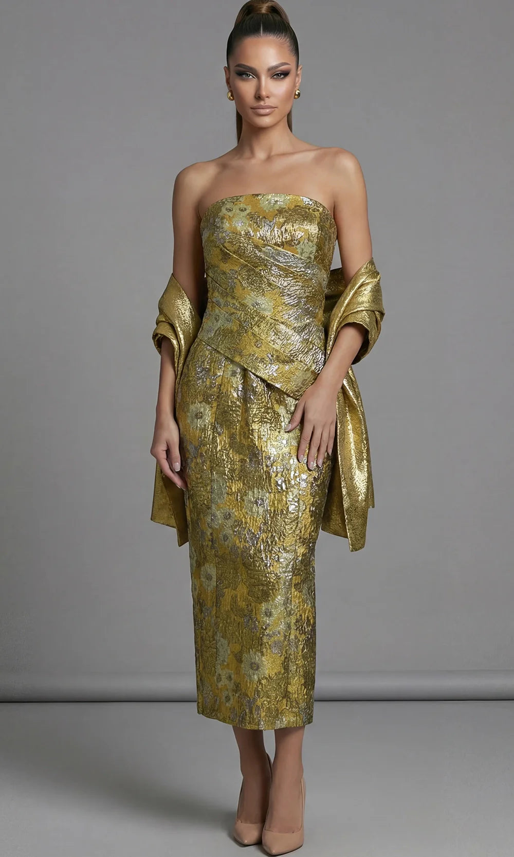 Jovani 51636 - Tea-Length Column Straight Neckline Dress Prom Dresses  in Yellow Multi