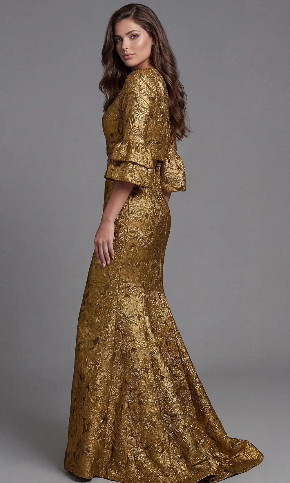 Jovani 51653 - Three-Quarter Bell Sleeve Metallic Brocade Gown Evening Dresses  in Gold  