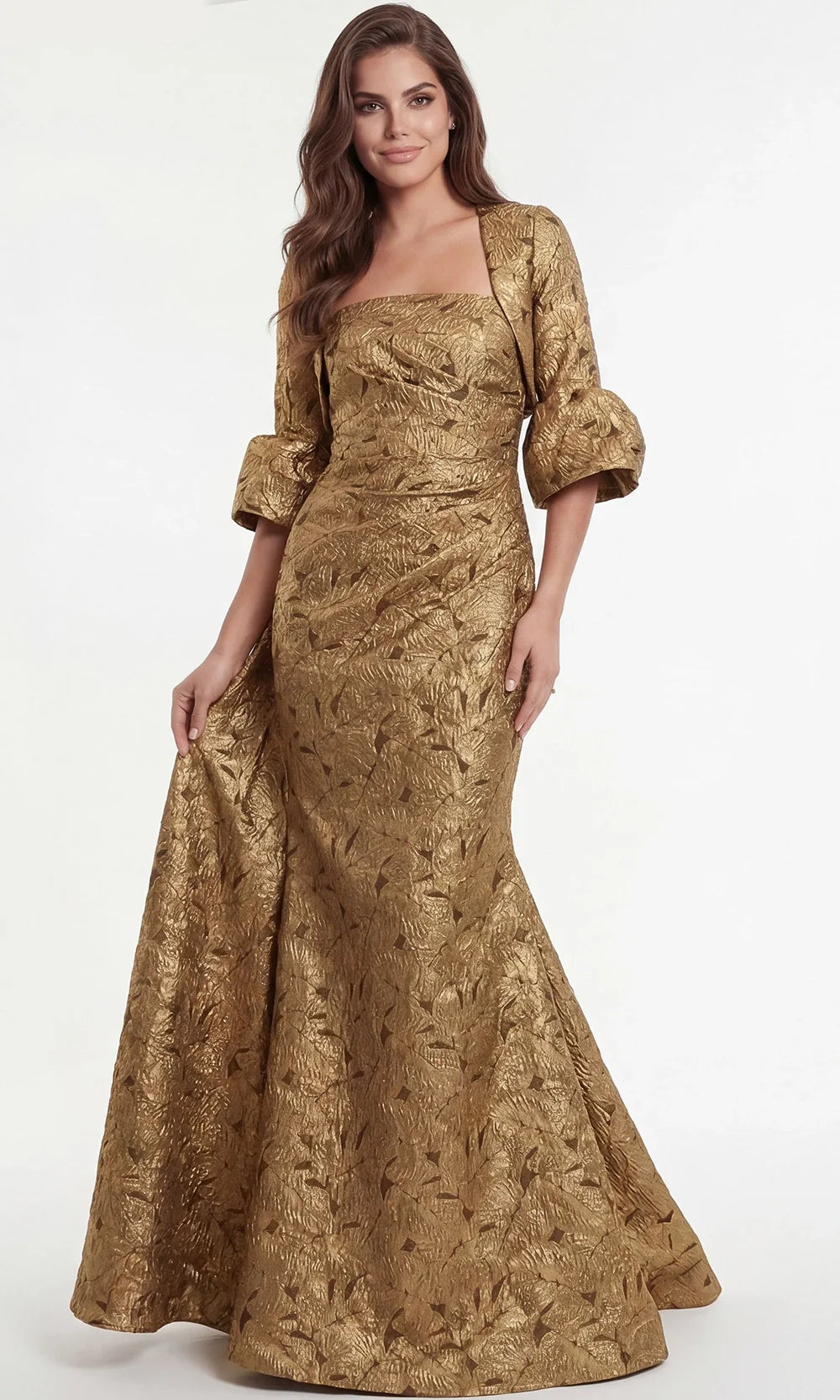 Jovani 51653 - Three-Quarter Bell Sleeve Metallic Brocade Gown Evening Dresses  in Gold  