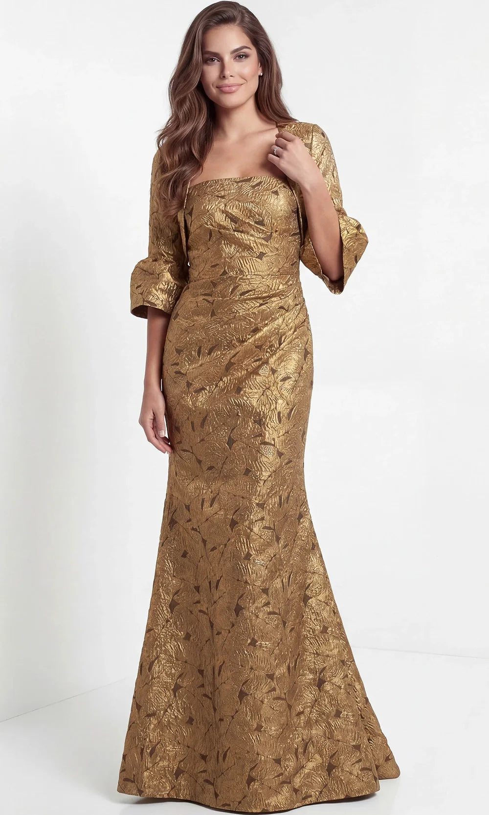 Jovani 51653 - Three-Quarter Bell Sleeve Metallic Brocade Gown Evening Dresses  in Gold  
