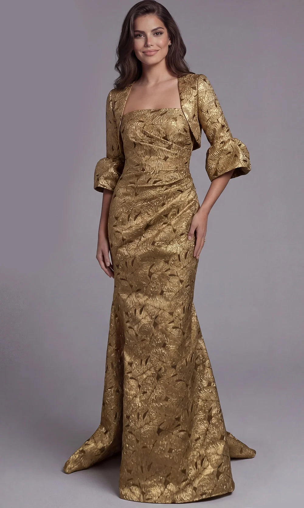 Jovani 51653 - Three-Quarter Bell Sleeve Metallic Brocade Gown Evening Dresses  in Gold  