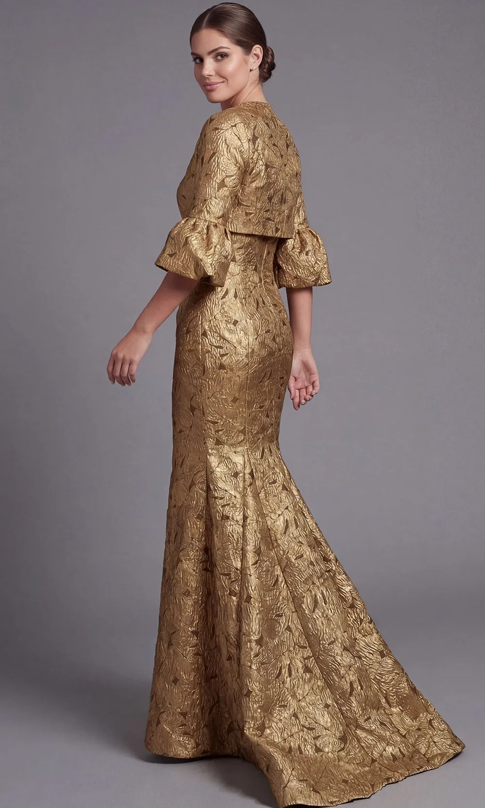 Jovani 51653 - Three-Quarter Bell Sleeve Metallic Brocade Gown Evening Dresses  in Gold  