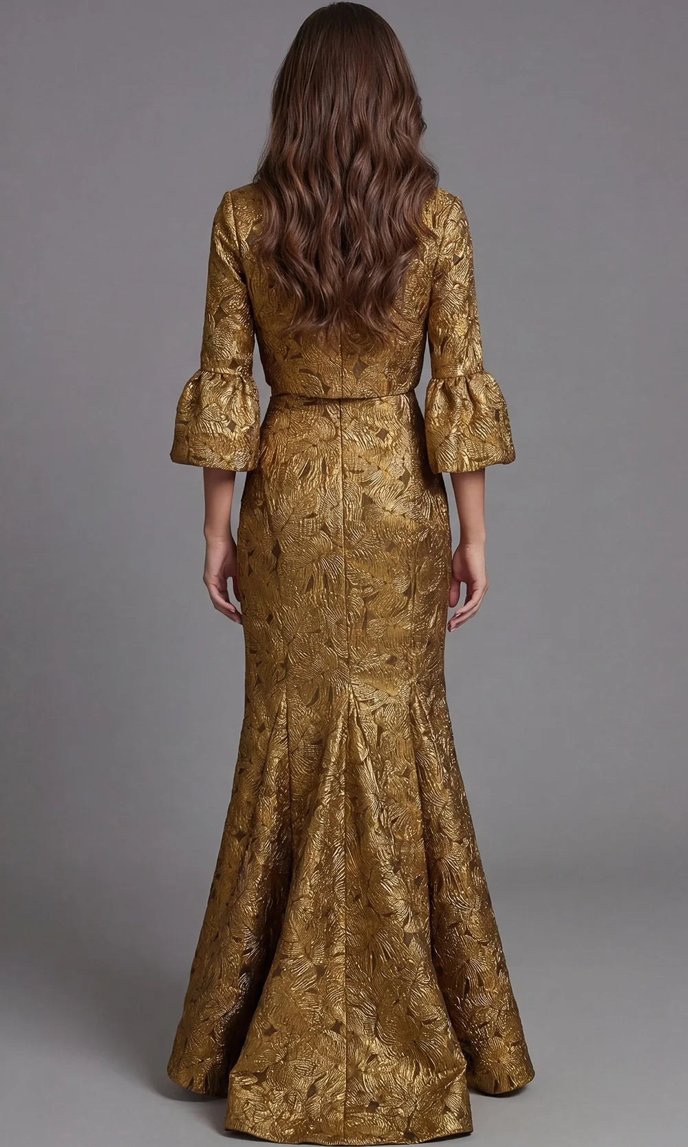 Jovani 51653 - Three-Quarter Bell Sleeve Metallic Brocade Gown Evening Dresses  in Gold  