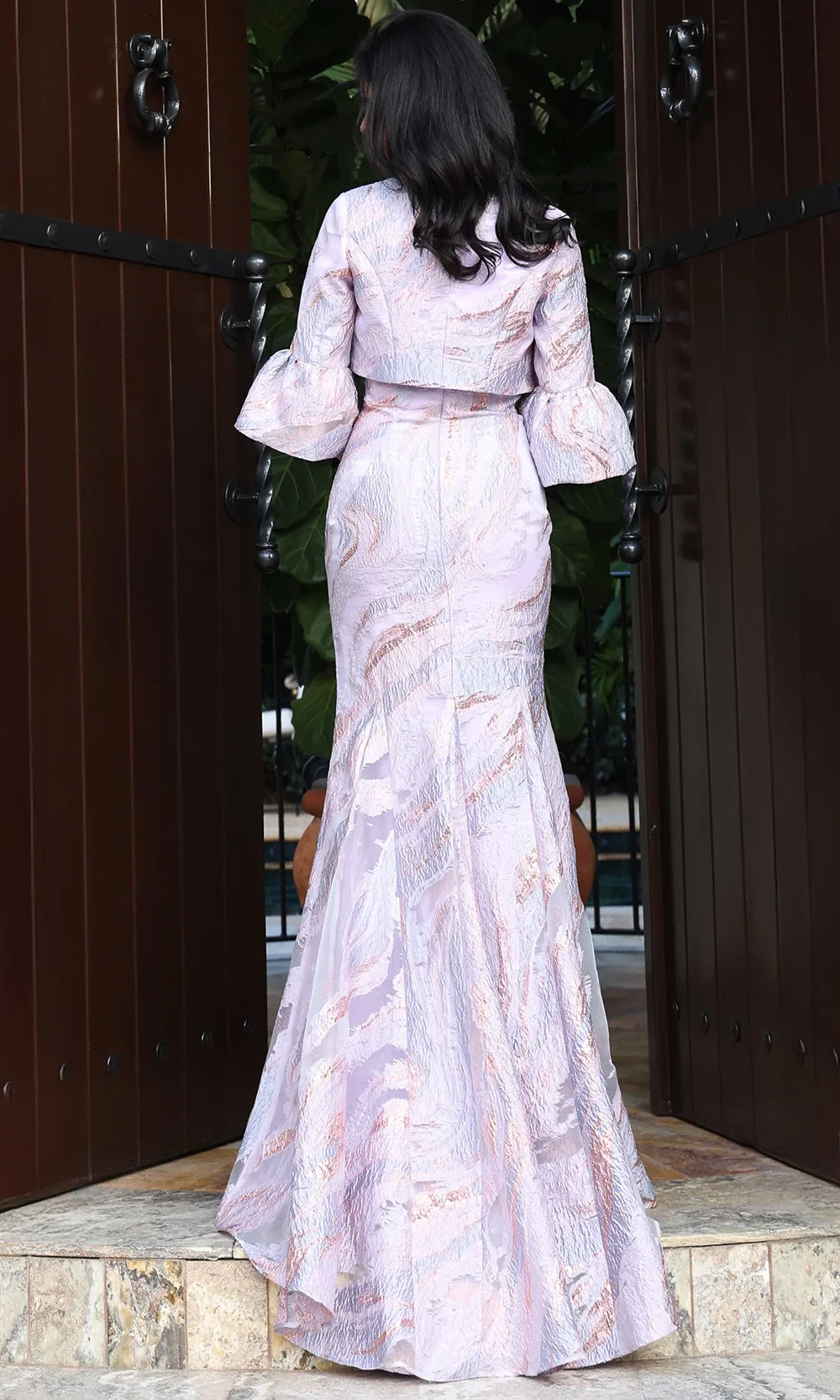 Jovani 51654 - Trumpet Skirt Textured Gown with Bell Sleeves Mother of the Bride Dresses  in Mauve  