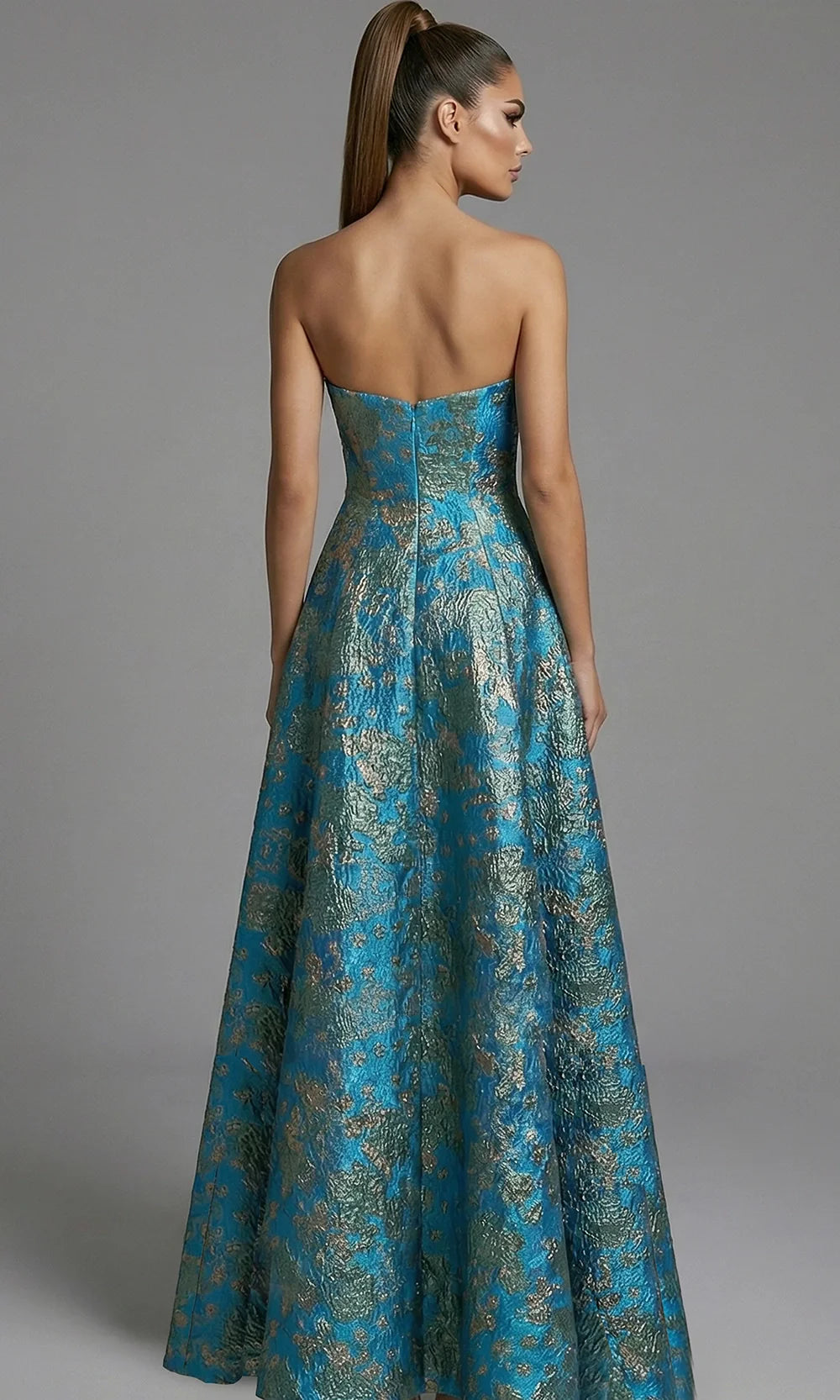 Jovani 51694 - A-Line Skirt Metallic Brocade Evening Gown Prom Dresses  in Turquoise Multi
