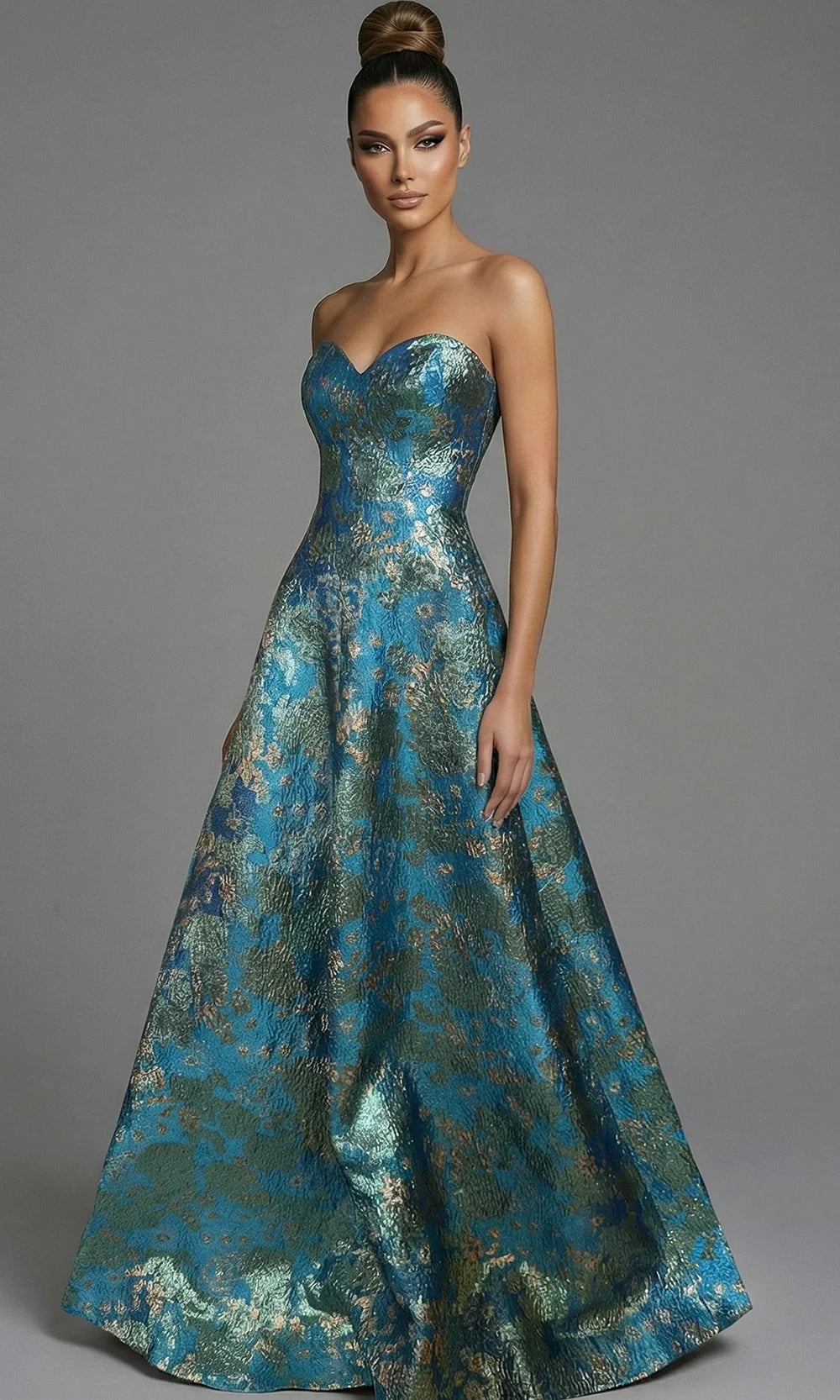 Jovani 51694 - A-Line Skirt Metallic Brocade Evening Gown Prom Dresses  in Turquoise Multi
