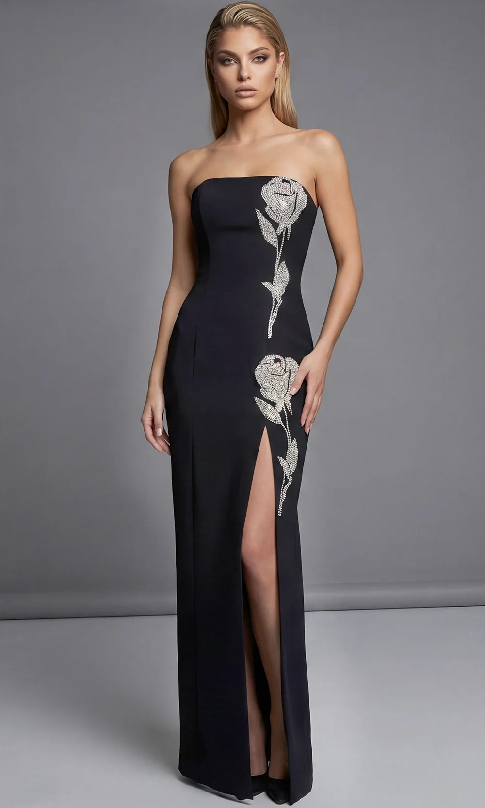 Jovani 51704 - Beaded Rose Applique Column Evening Gown Special Occasion Dress In Black