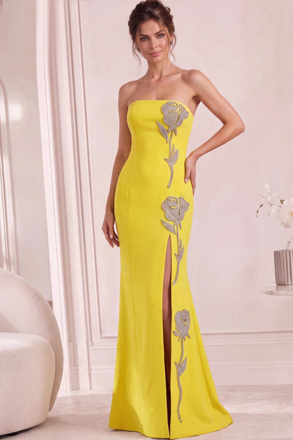 Jovani 51704 - High Slit Straight Neckline Crepe Gown