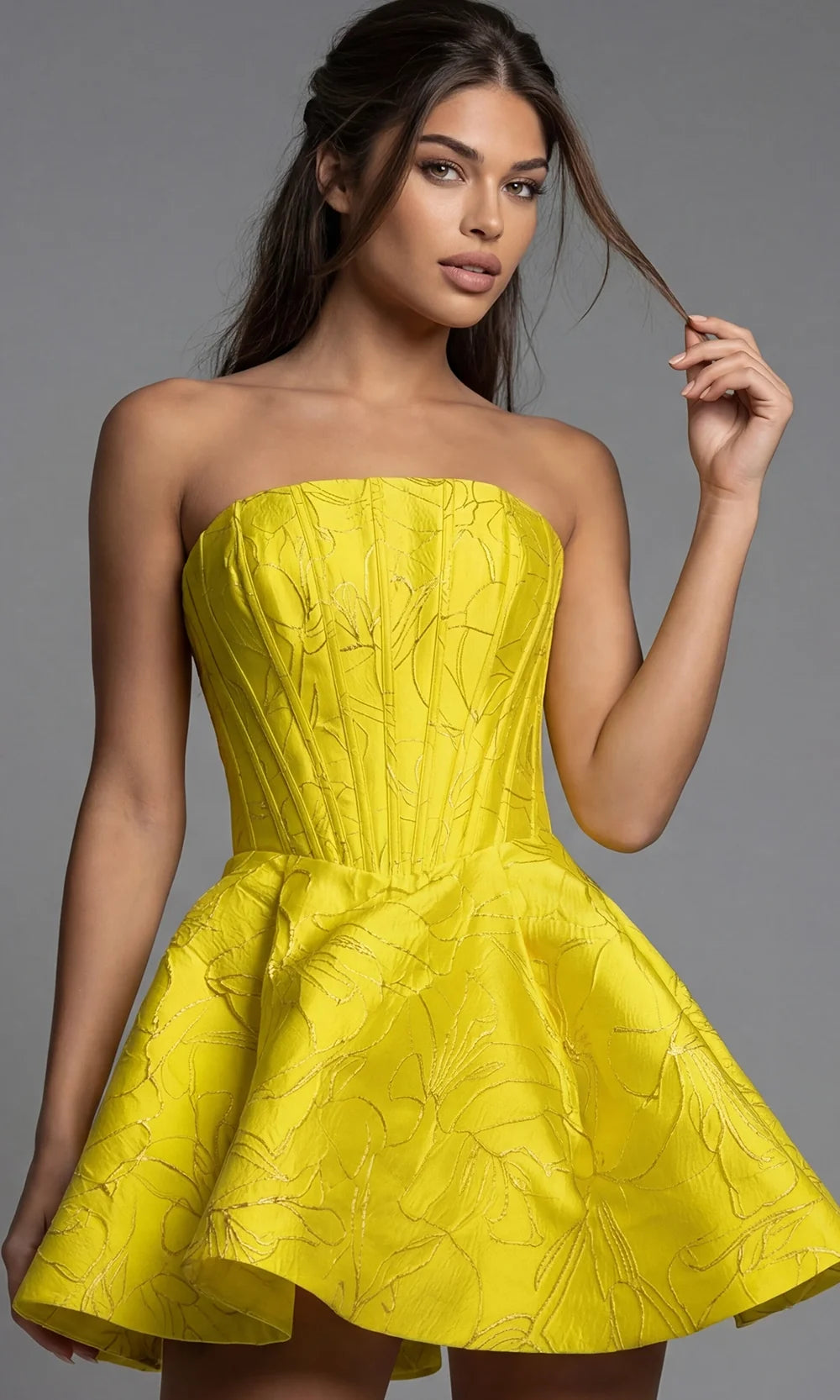 Jovani 51709 - Strapless Structured Floral Mini Dress Special Occasion Dress In Yellow