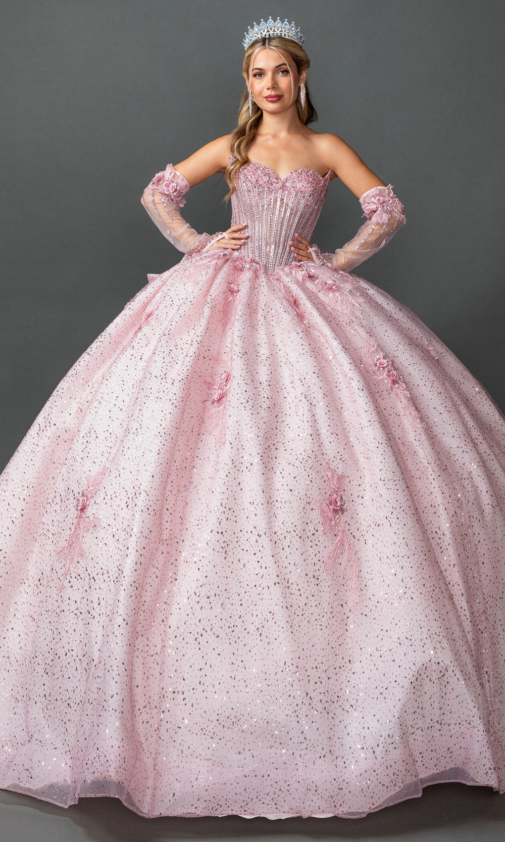 Dancing Queen 5173 - Floral Applique Sweetheart Quinceanera Gown Quinceanera Dresses in Blush 