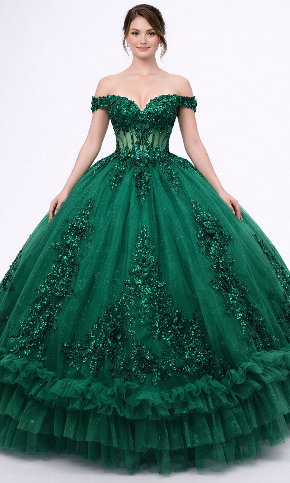 Dancing Queen 5175 - Sweetheart Embellished Tulle Gown with Ruffles Quinceanera Dresses in Hunter Green