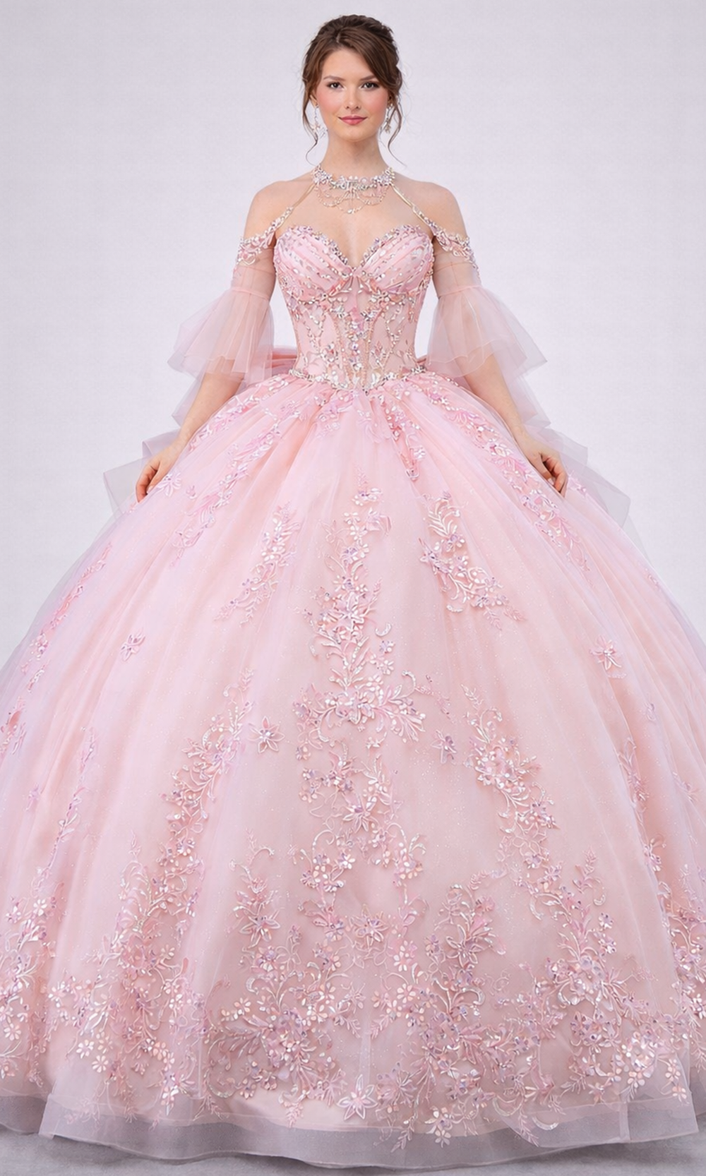 Dancing Queen 5179 - Embroidered Applique Oversized Bow Ballgown Quinceanera Dresses in Blush 