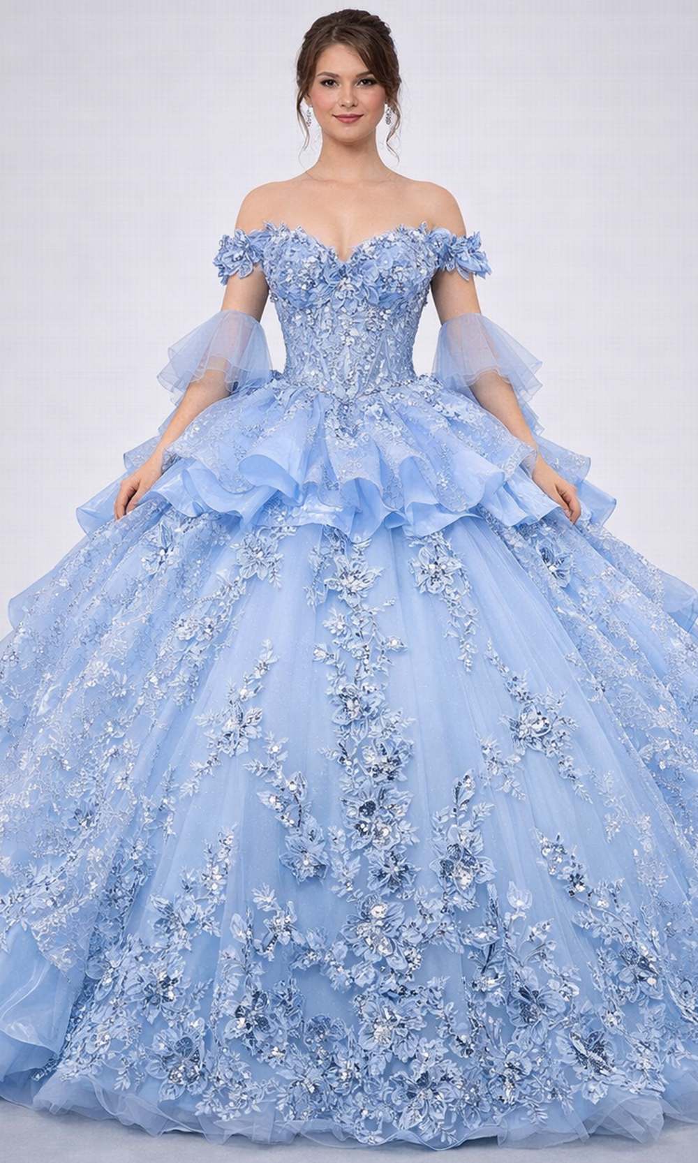 Dancing Queen 5181 - Off Shoulder Ruffle Gown with Floral Appliques Quinceanera Dresses in Bahama Blue