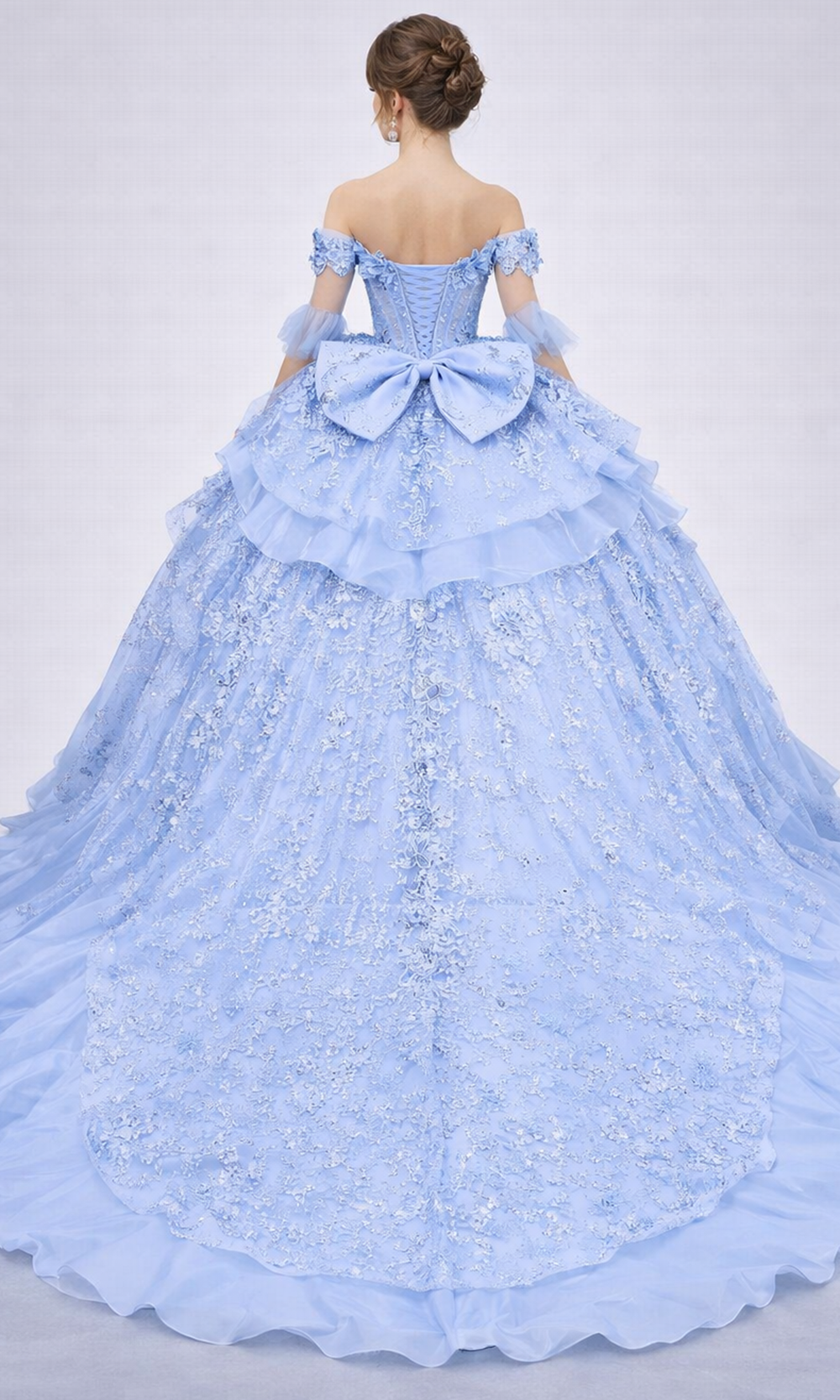 Dancing Queen 5181 - Off Shoulder Ruffle Gown with Floral Appliques Quinceanera Dresses in Bahama Blue