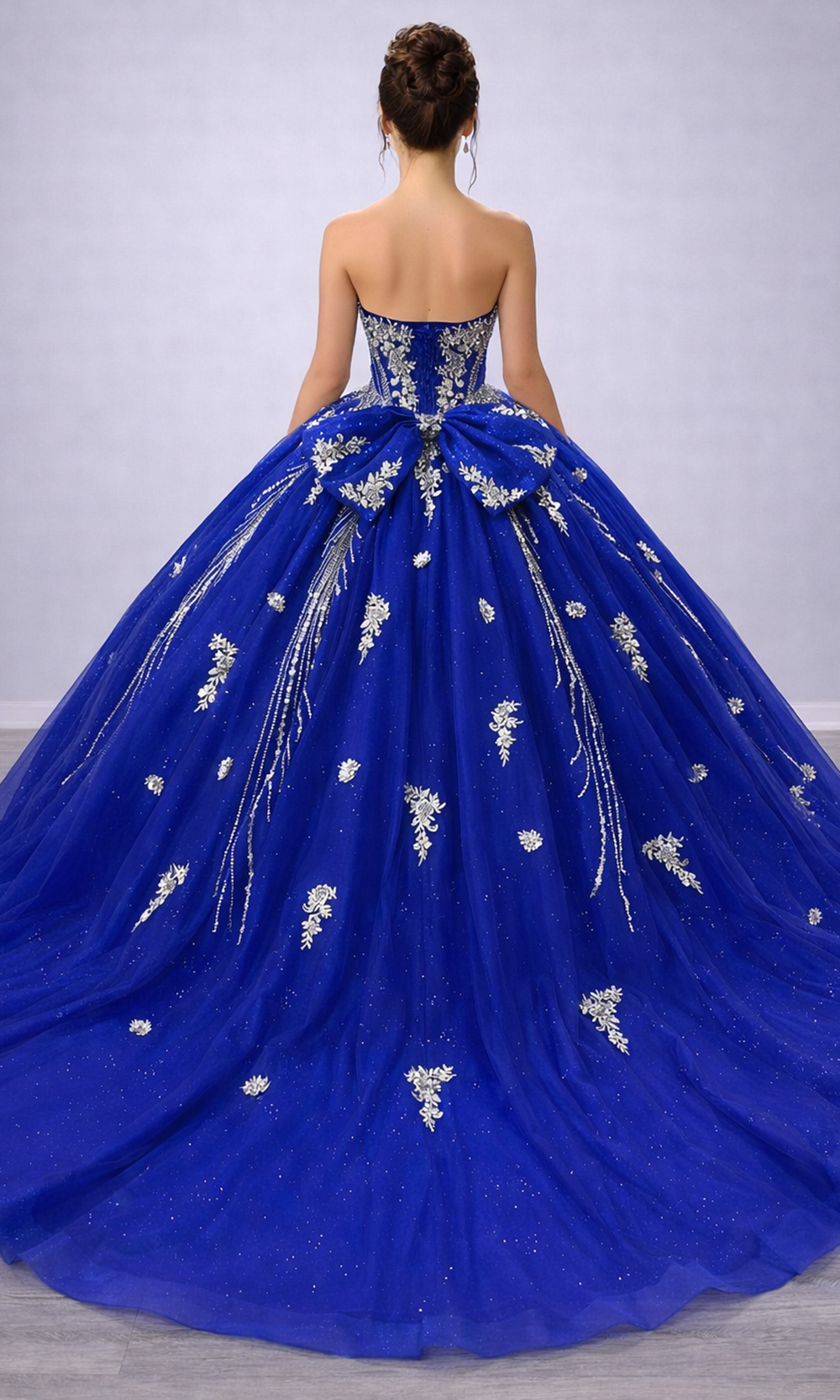Dancing Queen 5183 - Lace Applique Strapless Quince Gown Special Occasion Dress in Royal Blue