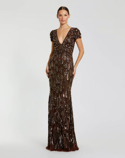 Mac Duggal 5243 - Sequined Deep V-Neck Evening Gown In Brown