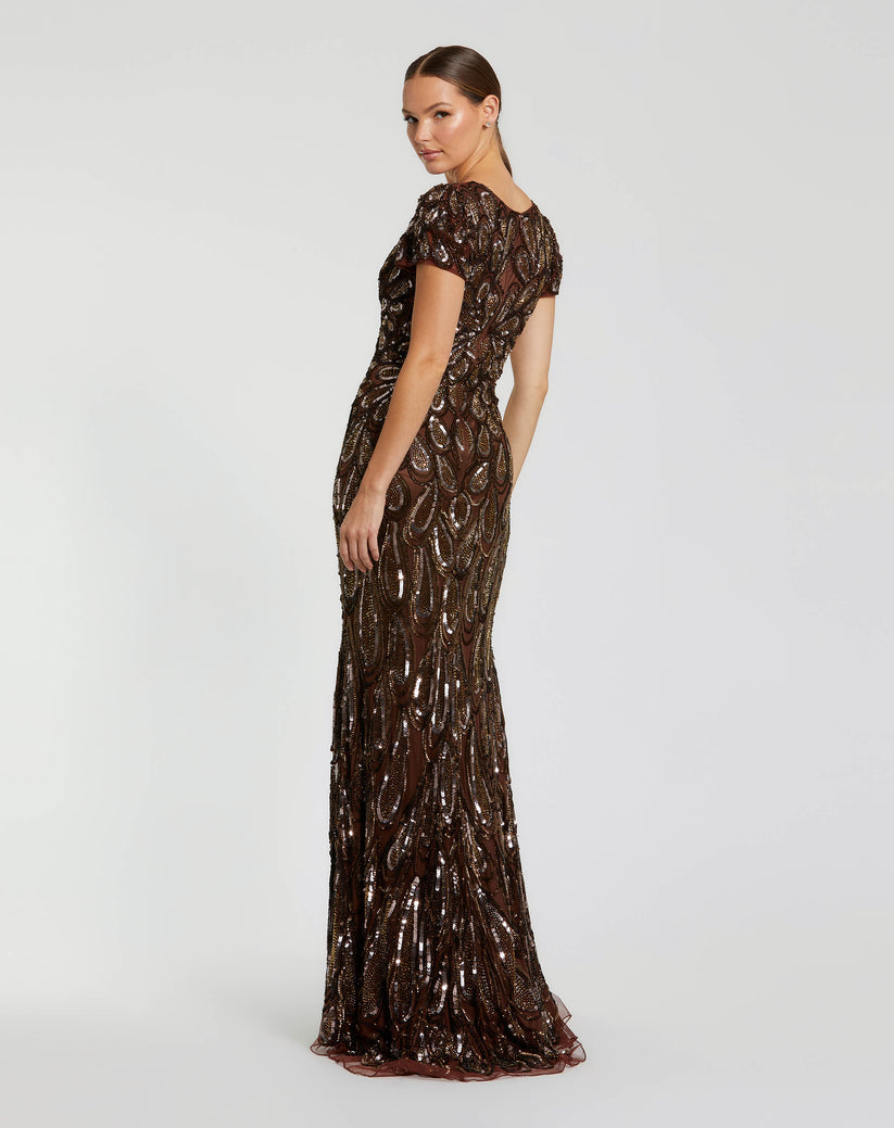 Mac Duggal 5243 - Sequined Deep V-Neck Evening Gown In Brown