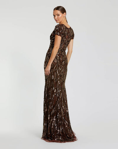 Mac Duggal 5243 - Sequined Deep V-Neck Evening Gown In Brown