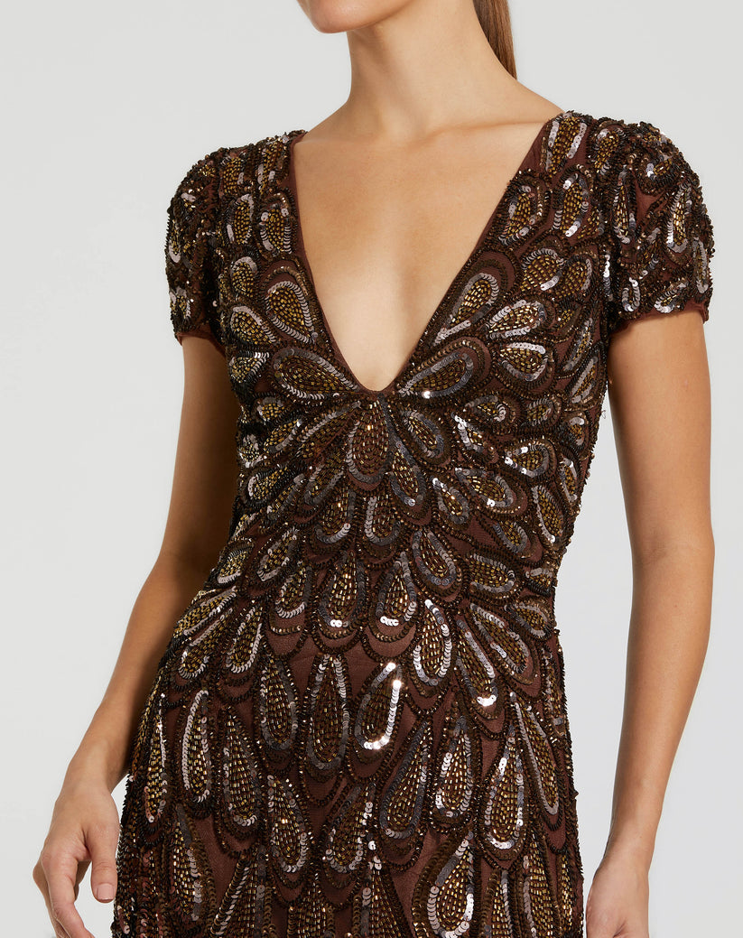 Mac Duggal 5243 - Sequined Deep V-Neck Evening Gown In Brown