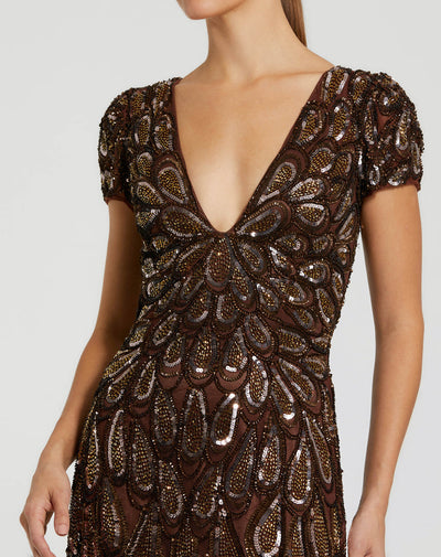 Mac Duggal 5243 - Sequined Deep V-Neck Evening Gown In Brown