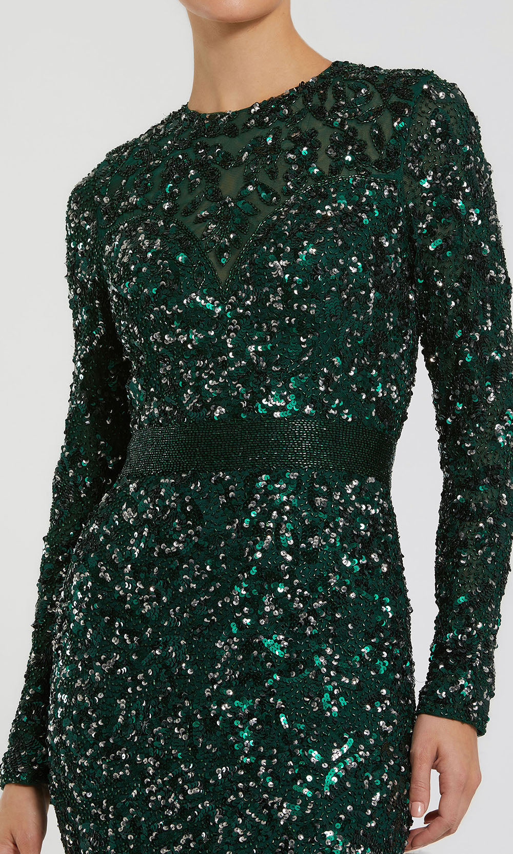 Mac Duggal 5453 - Long Embellished Mesh Sheath Dress - Long Sleeves, Paillette Sequins and Beaded Detailing, Wide Waistband, Full Back ADASA Mac Duggal 5453 - Long Embellished Mesh Sheath Dress - Long Sleeves, Paillette Sequins and Beaded Detailing, Wide Waistband, Full Back ADASA