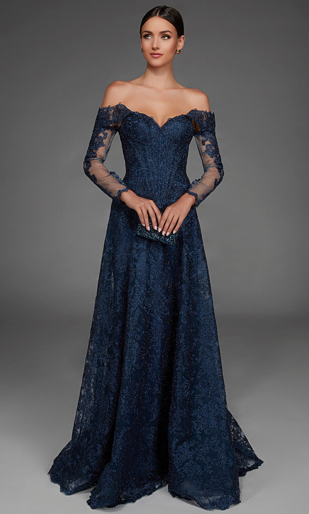 Alyce Paris 55012 - Embroidered Applique Detachable Sleeve Tulle Gown Mother of the Bride Dresses in Blue  