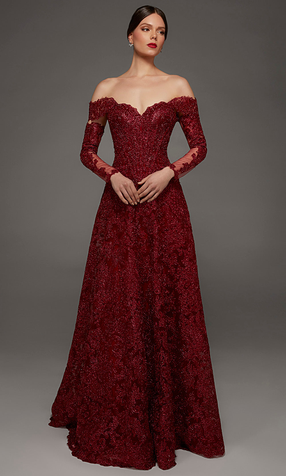 Alyce Paris 55012 - Embroidered Applique Detachable Sleeve Tulle Gown Mother of the Bride Dresses in Red  