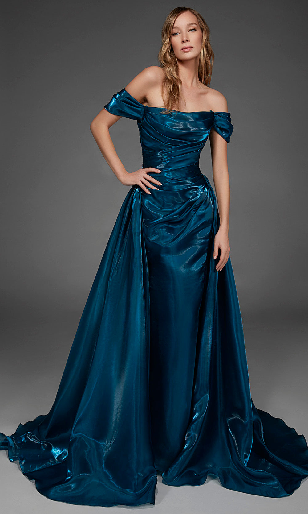 Alyce Paris 55034 - Ruched Bodice Overskirt A-Line Gown Formal Gowns in In Blue 