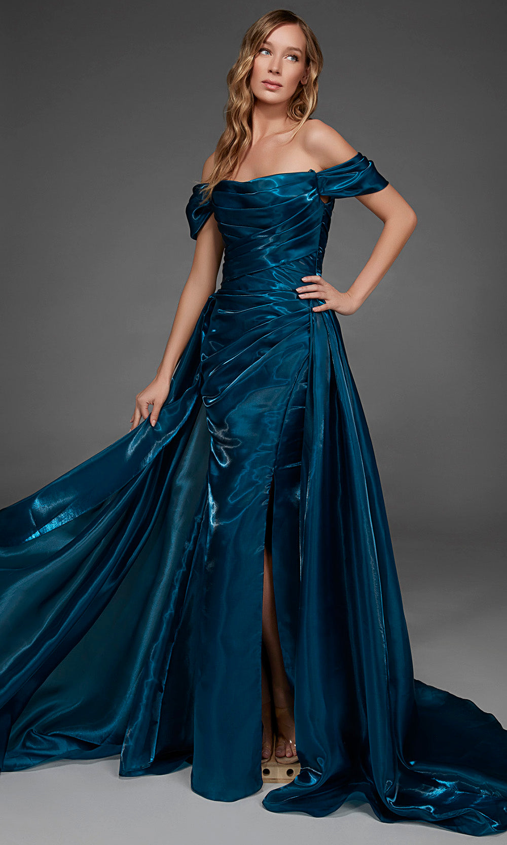 Alyce Paris 55034 - Ruched Bodice Overskirt A-Line Gown Formal Gowns in In Blue 