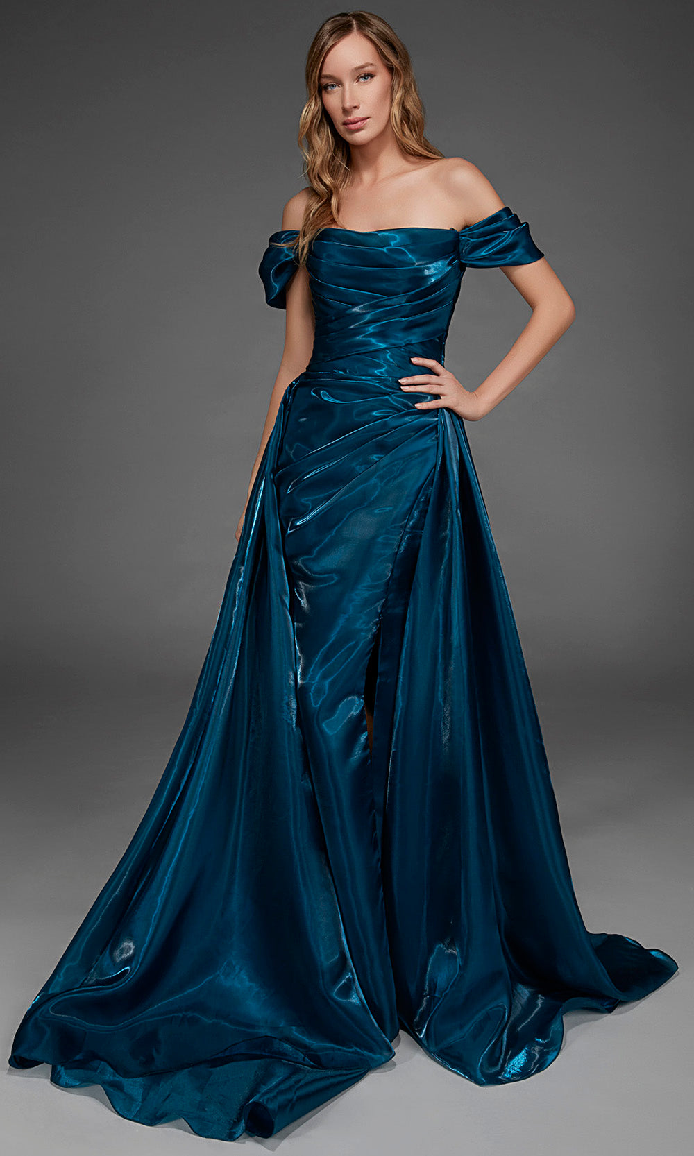 Alyce Paris 55034 - Ruched Bodice Overskirt A-Line Gown Formal Gowns in In Blue 