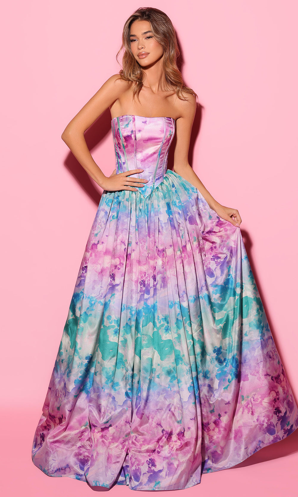 Tarik Ediz 55111 - Strapless Watercolor Print Taffeta Gown Prom Dresses