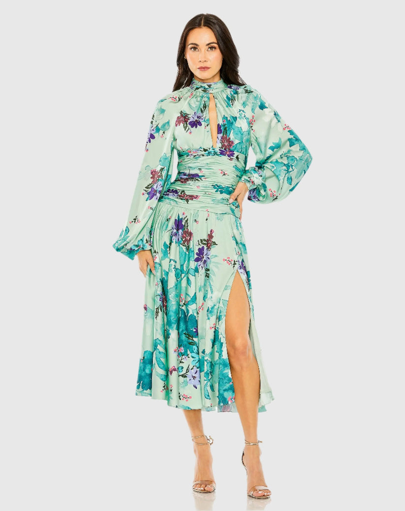 Ieena Duggal 55988 - Long Sleeve Floral Print A-Line Dress Semi Formal in Green and Multi