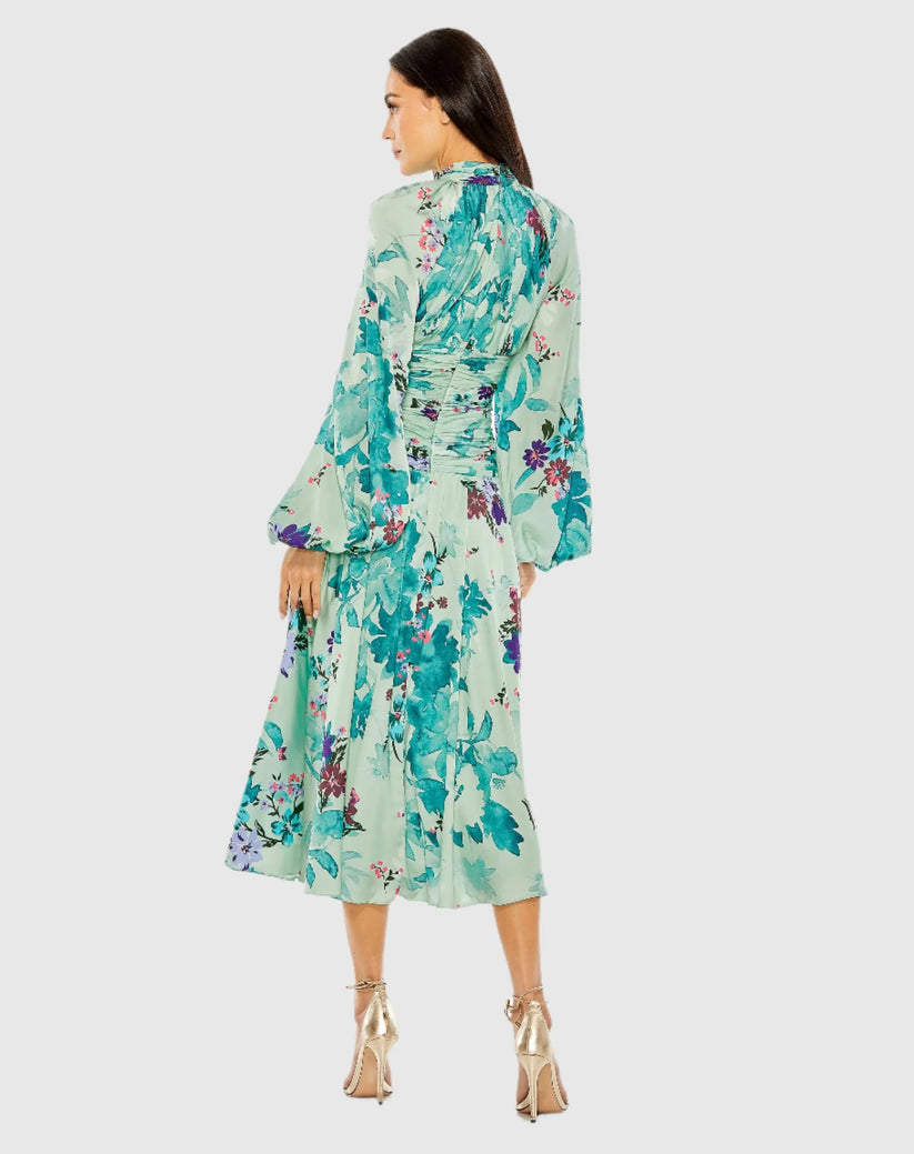 Ieena Duggal 55988 - Long Sleeve Floral Print A-Line Dress Semi Formal in Green and Multi