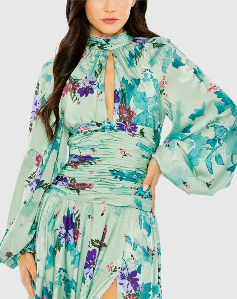 Ieena Duggal 55988 - Long Sleeve Floral Print A-Line Dress Semi Formal in Green and Multi