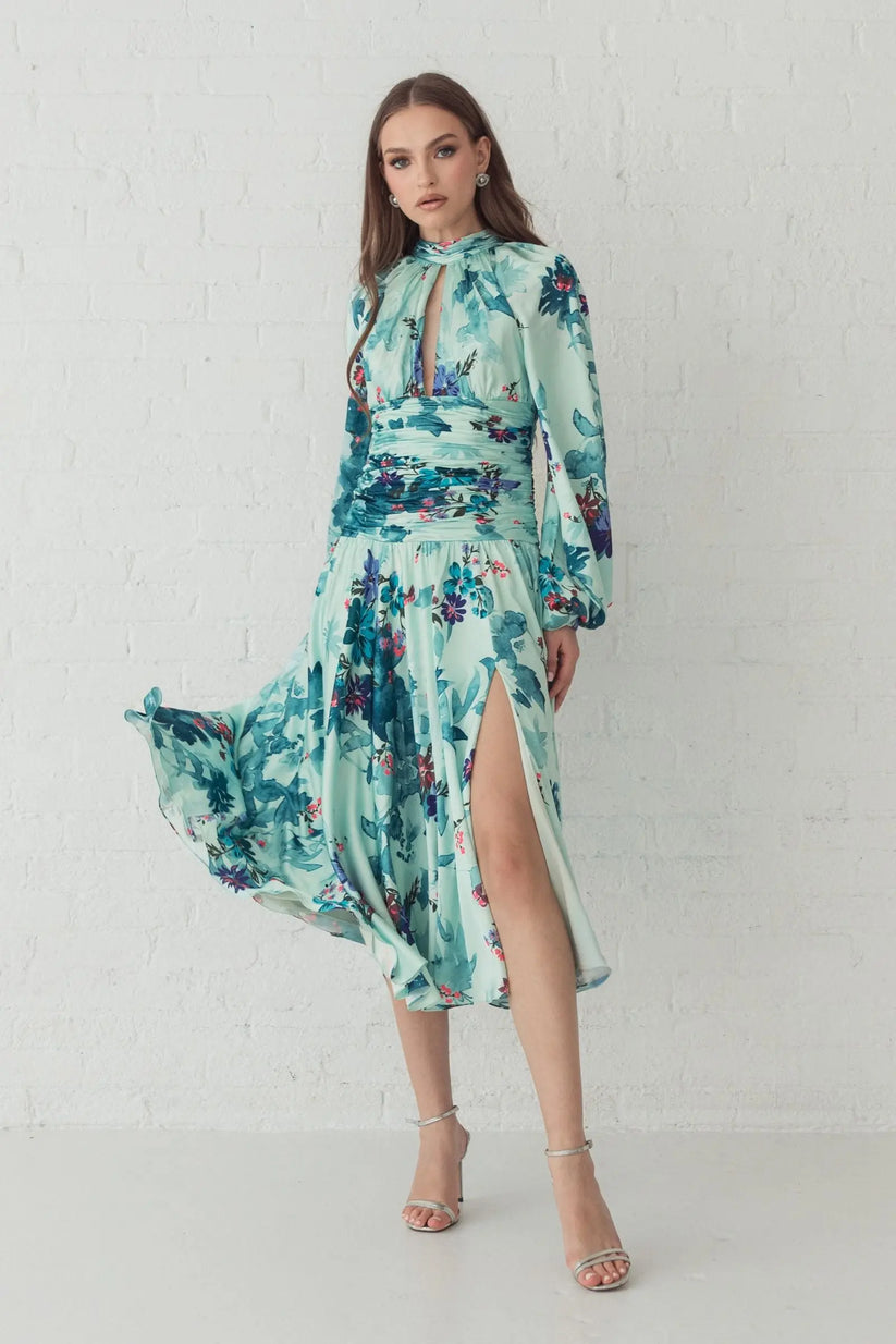 Ieena Duggal 55988 - Long Sleeve Floral Print A-Line Dress Semi Formal in Green and Multi