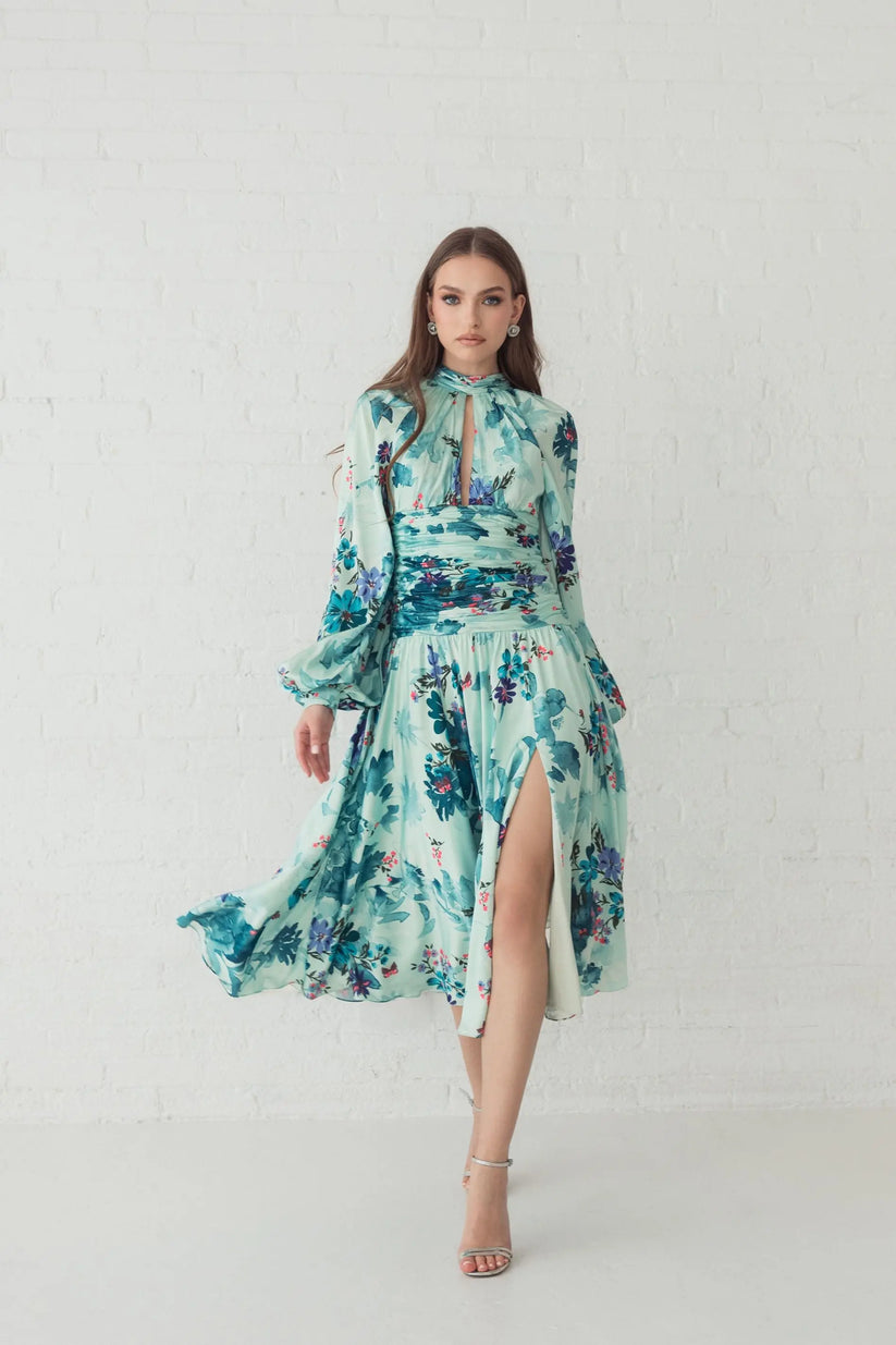 Ieena Duggal 55988 - Long Sleeve Floral Print A-Line Dress Semi Formal in Green and Multi