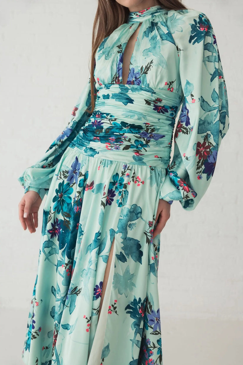 Ieena Duggal 55988 - Long Sleeve Floral Print A-Line Dress Semi Formal in Green and Multi