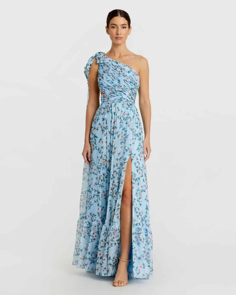 Ieena Duggal 56051 - Floral Print Slit Asymmetric Dress Formal Gowns in Blue and Multi