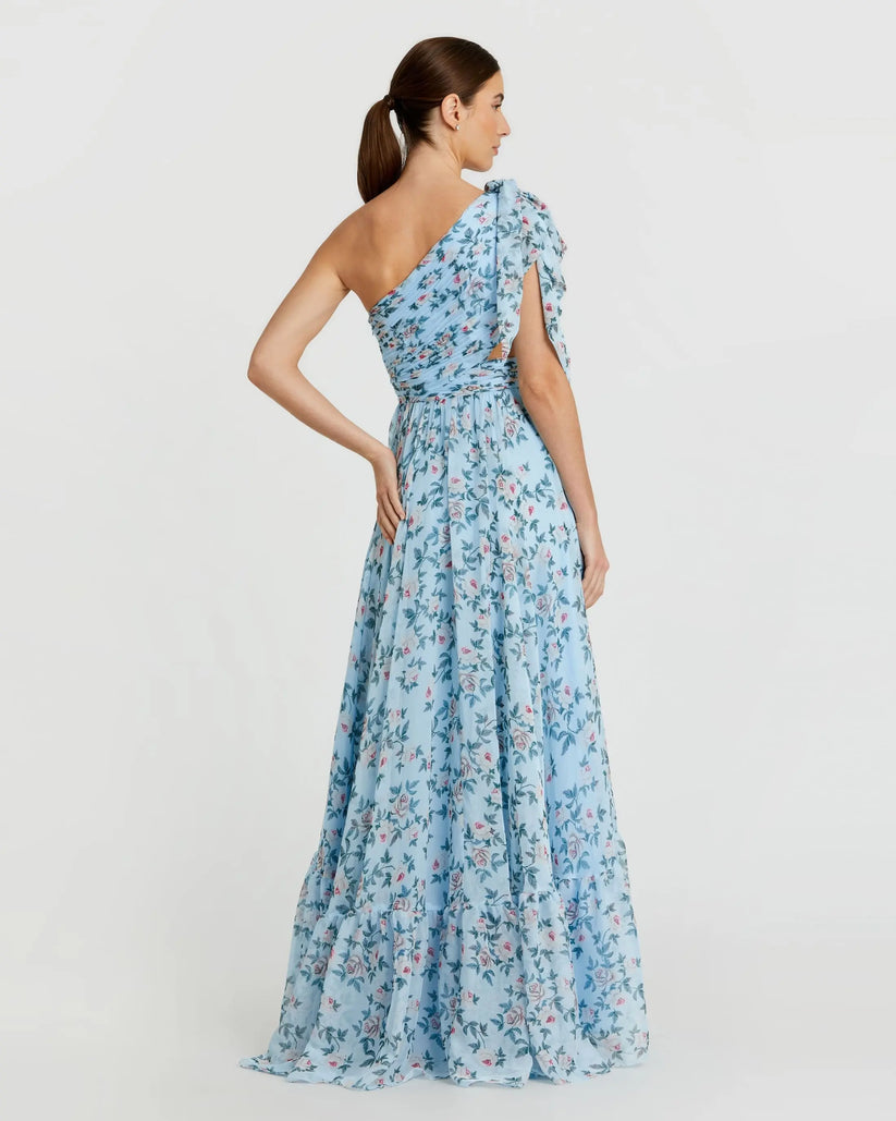 Ieena Duggal 56051 - Floral Print Slit Asymmetric Dress Formal Gowns in Blue and Multi