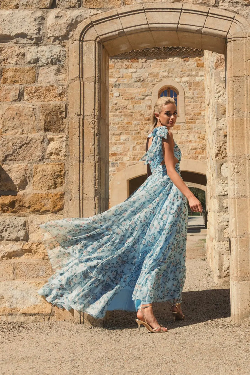 Ieena Duggal 56051 - Floral Print Slit Asymmetric Dress Formal Gowns in Blue and Multi