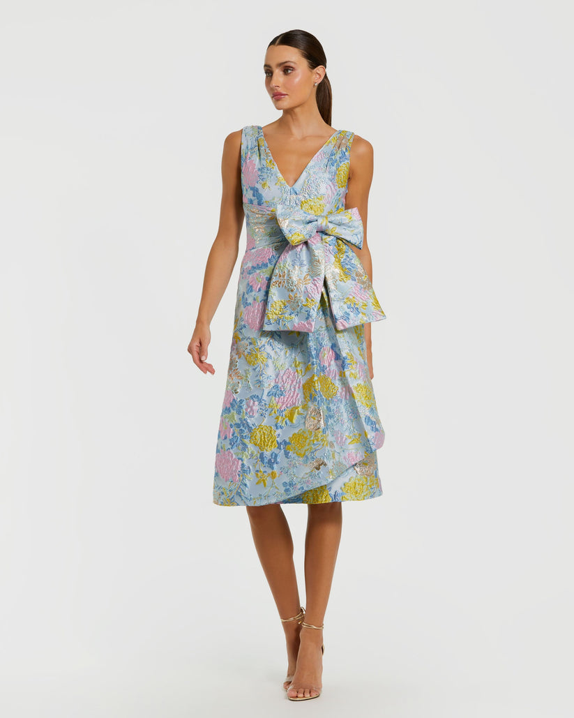 Ieena Duggal 56104 - Sleeveless V-Neck Bow Waist Cocktail Dress Semi Formal in Blue and Multi
