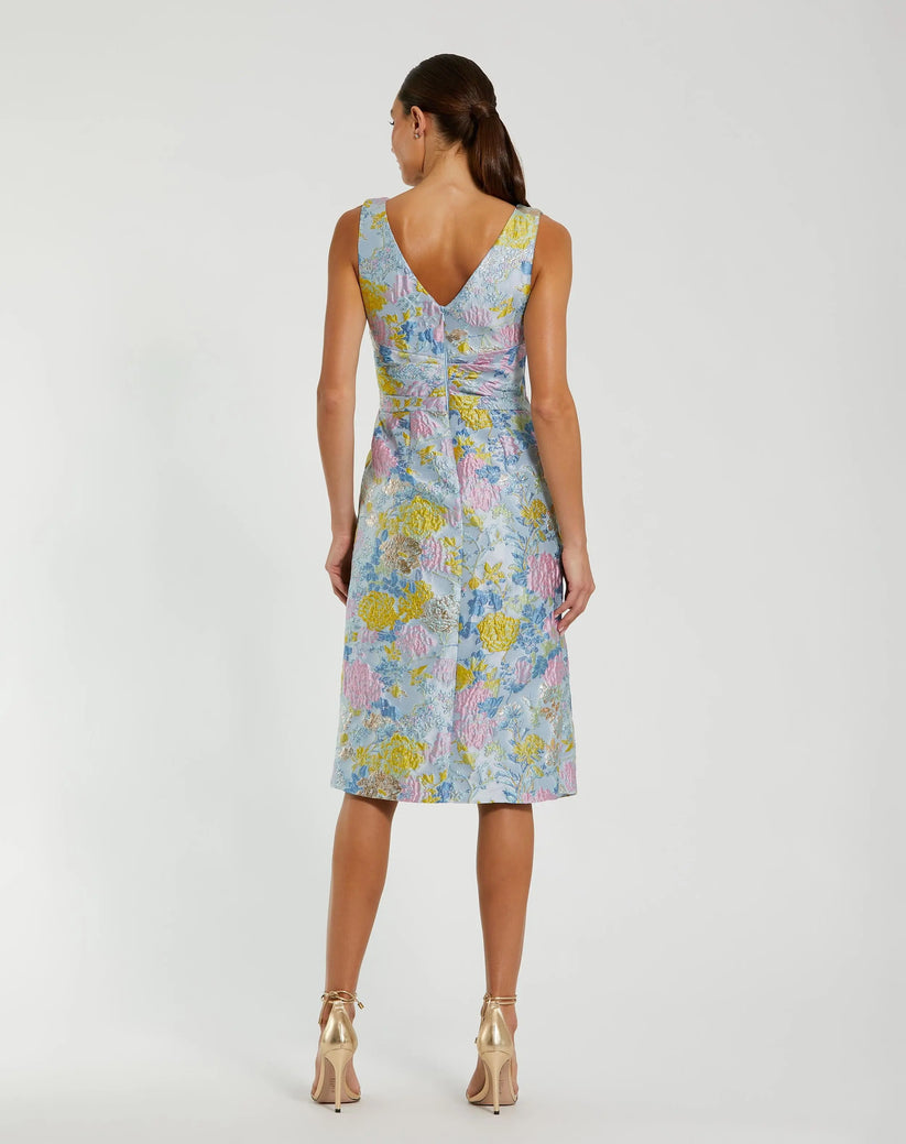 Ieena Duggal 56104 - Sleeveless V-Neck Bow Waist Cocktail Dress Semi Formal in Blue and Multi