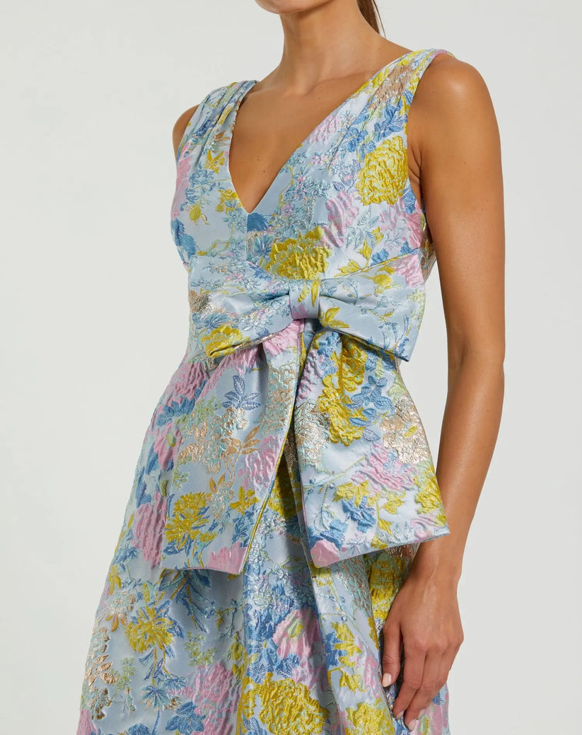 Ieena Duggal 56104 - Sleeveless V-Neck Bow Waist Cocktail Dress Semi Formal in Blue and Multi
