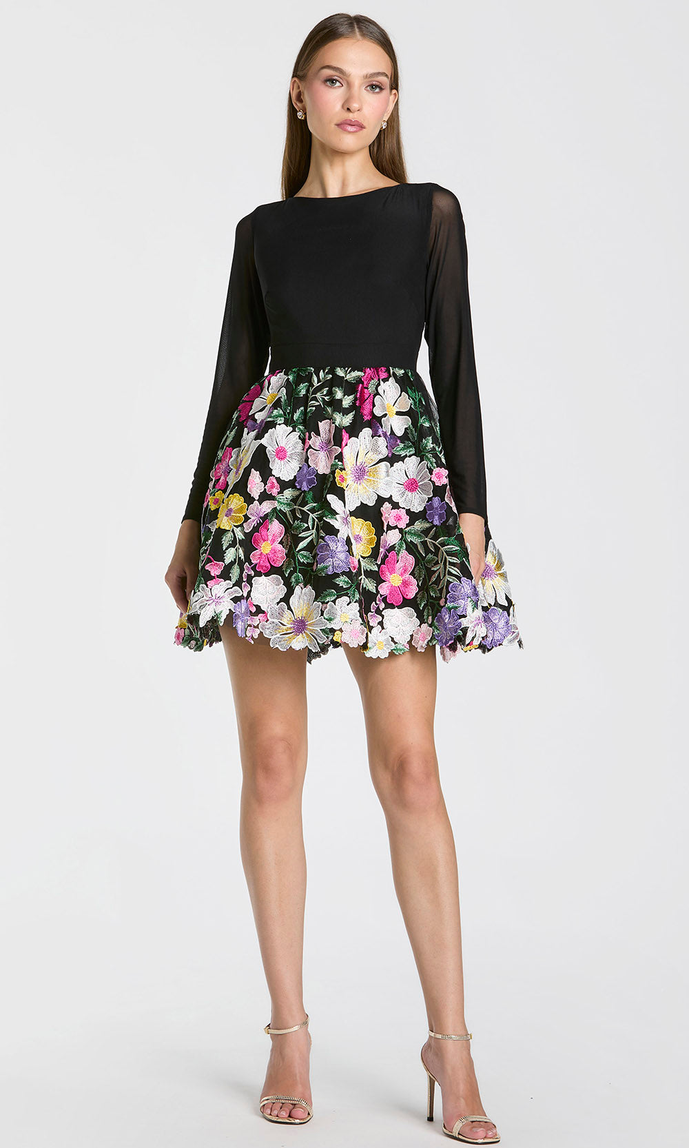 Mac Duggal 56109 - Floral Embroidered Skirt Bateau Cocktail Dress In Black and Multi