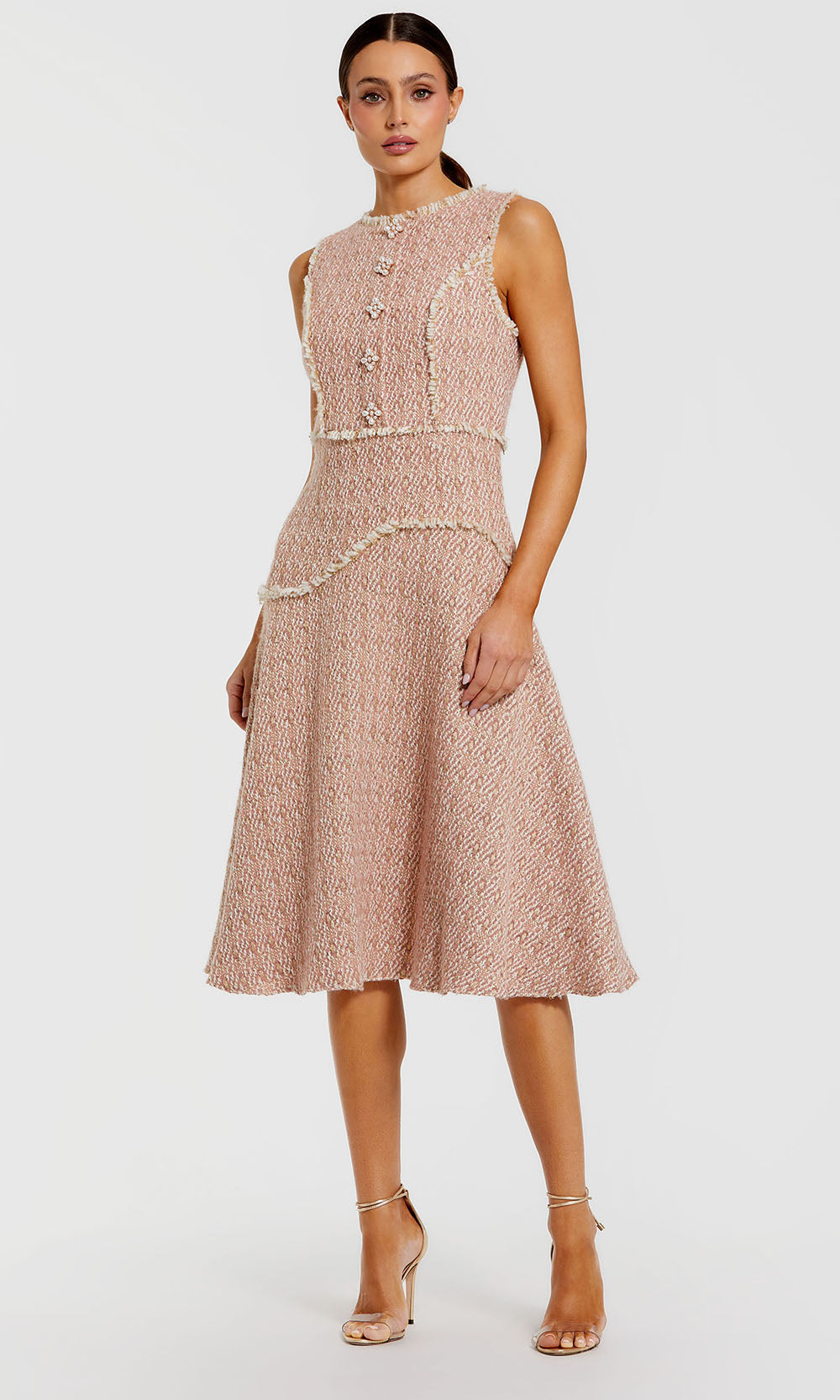 Mac Duggal 56172 - Pearl Button Boucle Tea-Length Dress Holiday Dresses in Pink and Gold