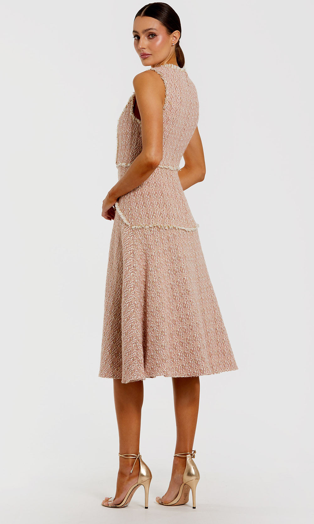 Mac Duggal 56172 - Pearl Button Boucle Tea-Length Dress Holiday Dresses in Pink and Gold
