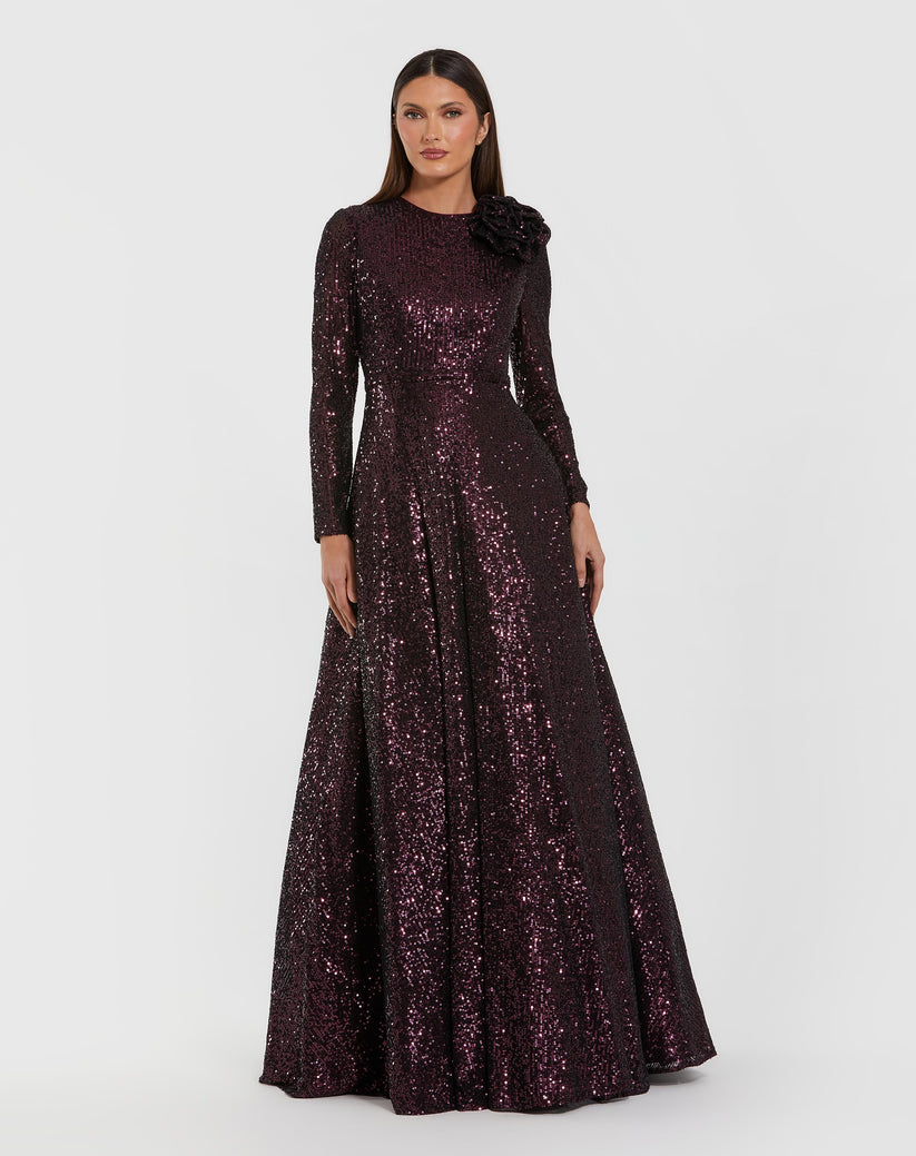 Ieena Duggal 56178 - Sequin Ballgown with 3D Shoulder Accent In Purple
