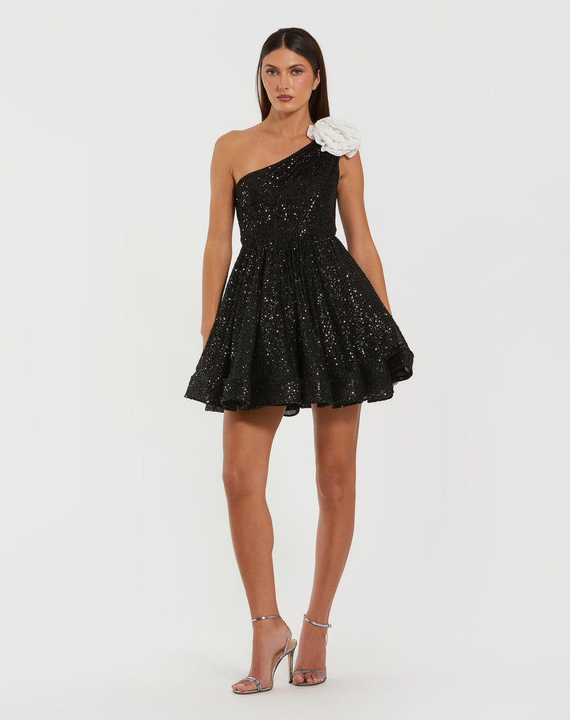 Ieena Duggal 56179 - Sequin One Shoulder Party Dress In Black and White