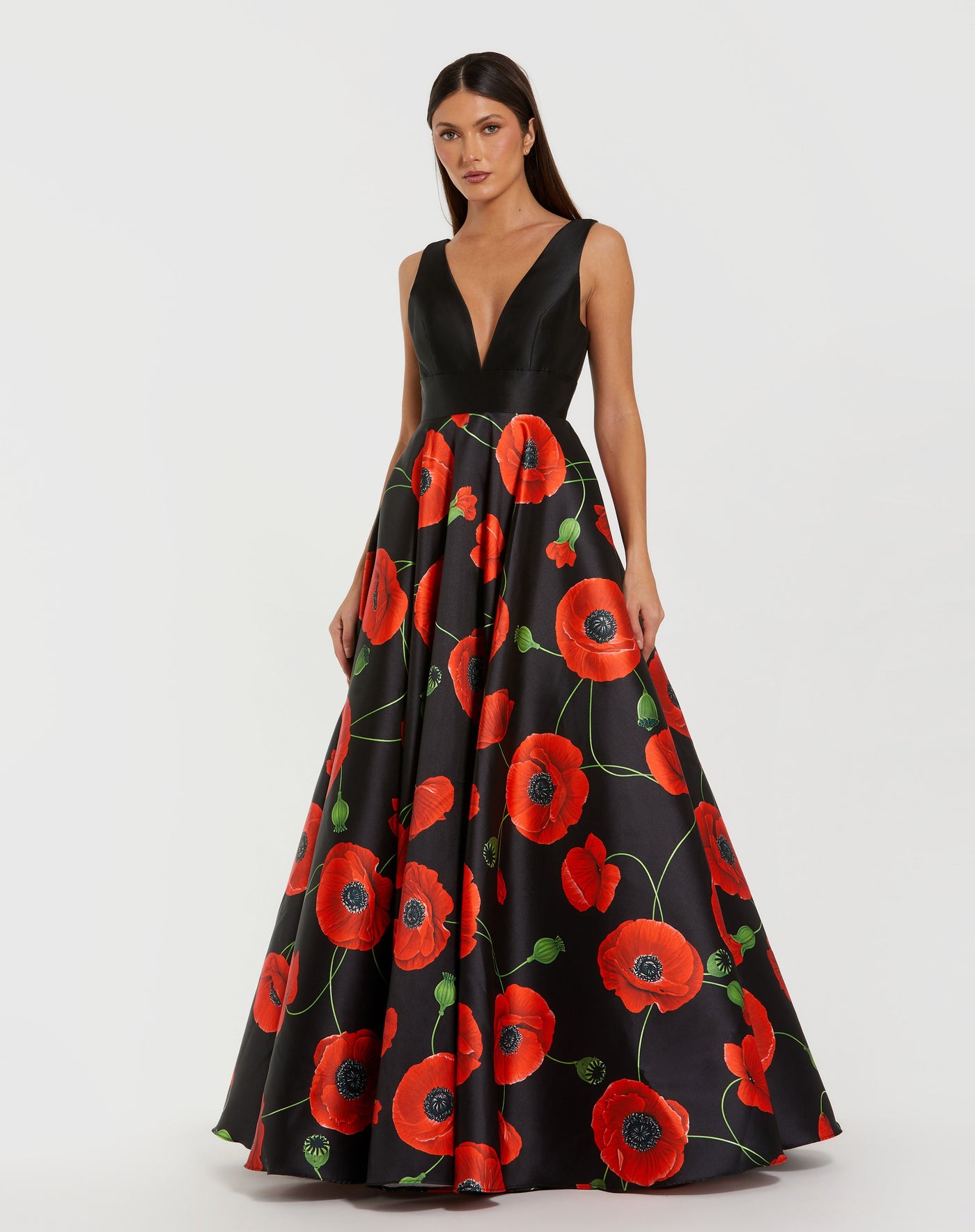 Ieena Duggal 56181 - Plunge Neck Floral Printed Ballgown In Orange and Multi